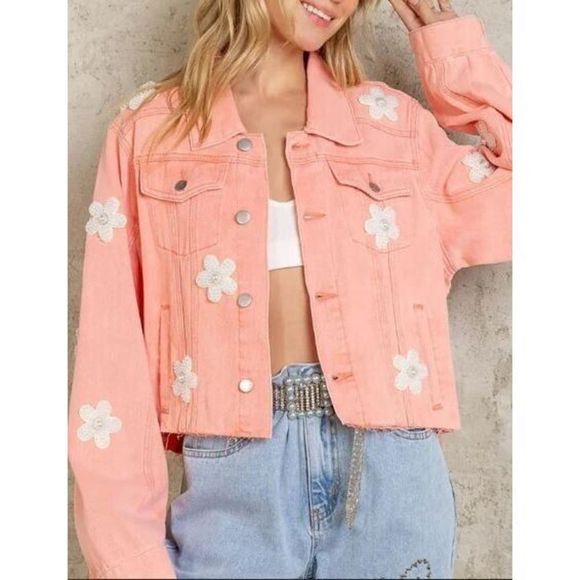 POL SMJ302A Women's Sz Medium Neon Papaya Beaded Pearl Daisy Denim Jacket - Picture 1 of 10